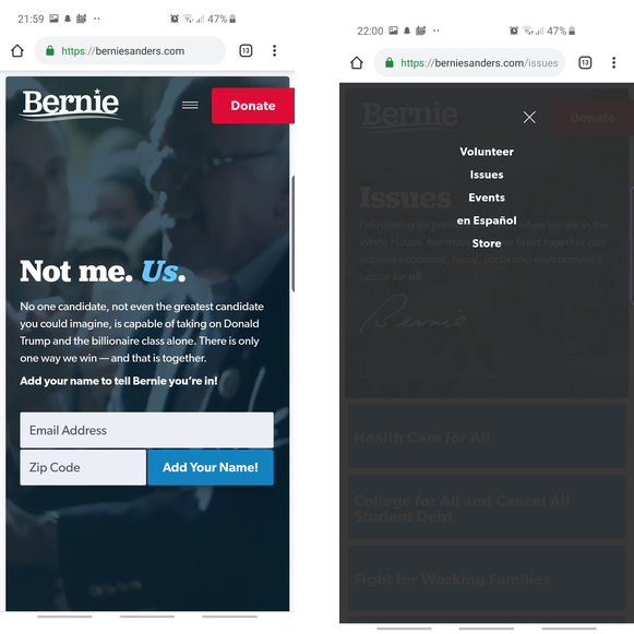 Bernie Sanders' homepage and navigation