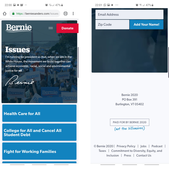 Bernie Sanders' issues page and footer