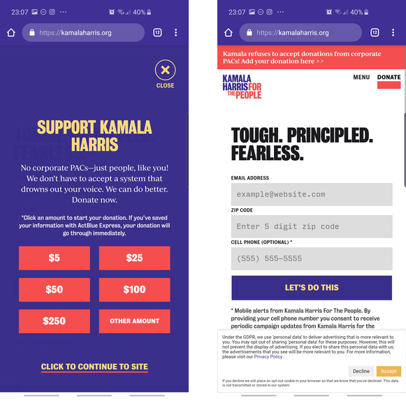 Kamala Harris' CTA and homepage