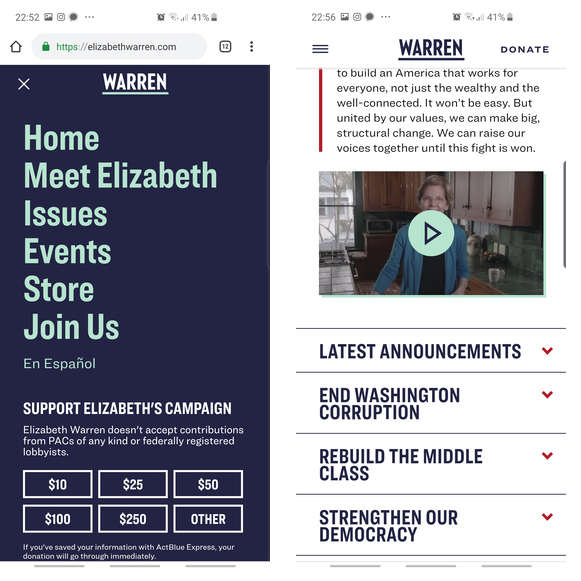 Elizabeth Warren's navigation and issues page